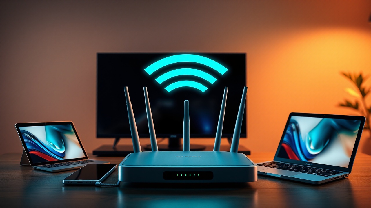 Wi-Fi роутер стоит на столе а вокруг него гаджеты