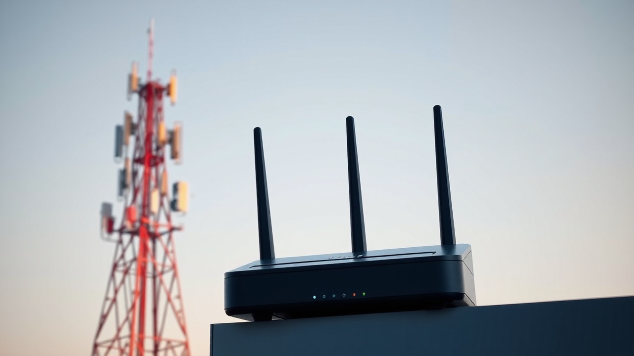 Wi-Fi роутер на фоне вышки сотовой, мобильной связи