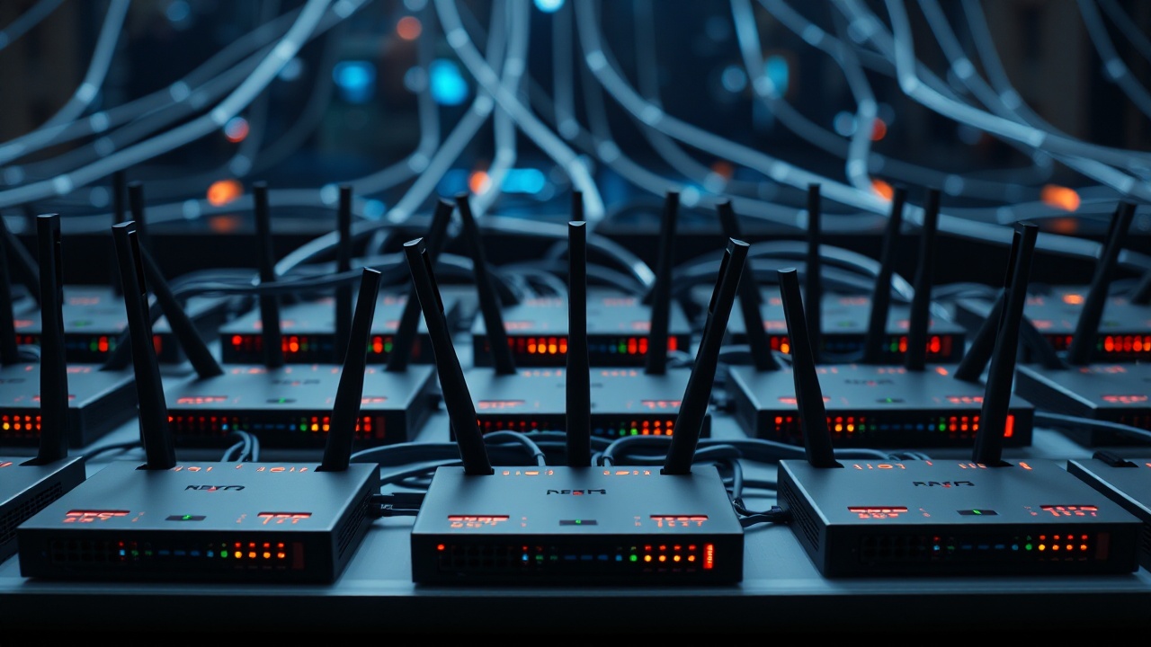 Много Wi-Fi маршрутизаторов соединённый сетевыми кабелями
