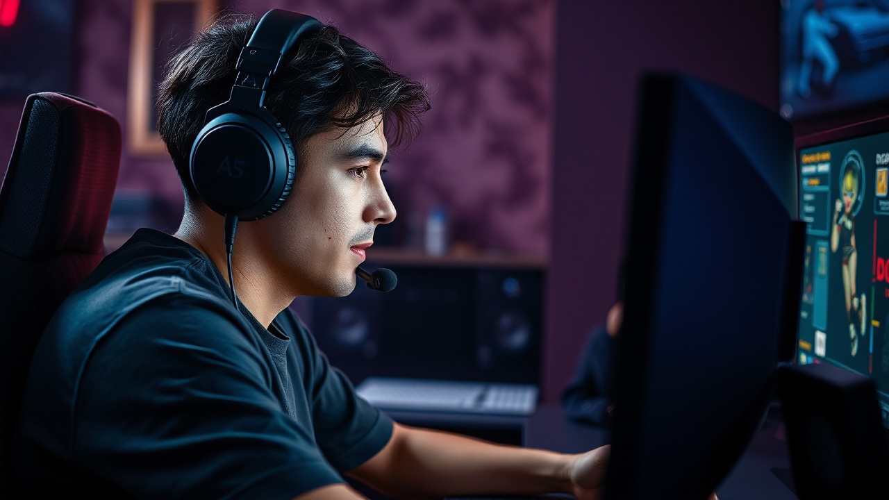 Мужчина сидит играет за компьютером в игровой гарнитуре