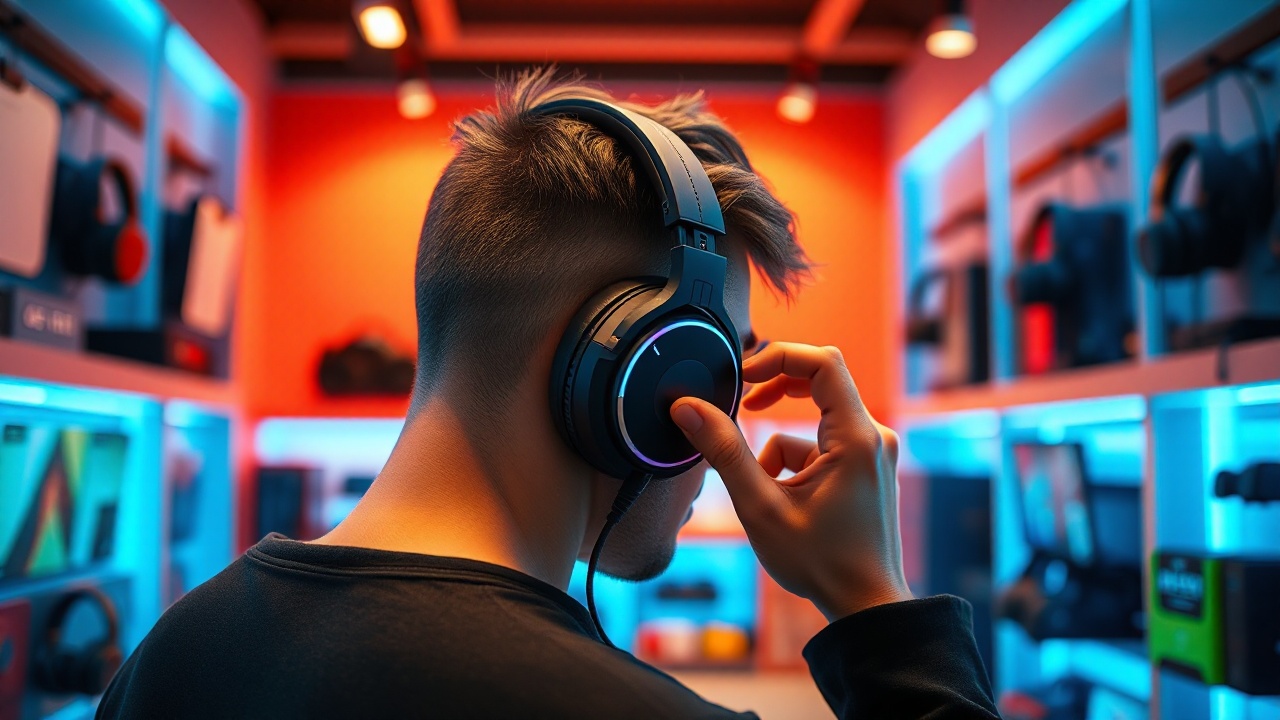 покупатель тестирует наушники в магазине электроники hitech.shop