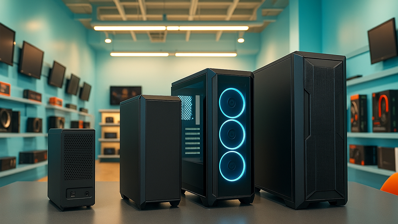 4 разновидности корпусов стоят на столе: Mini ITX, Mini Tower, Midi Tower, Full Tower в магазине hitech.shop