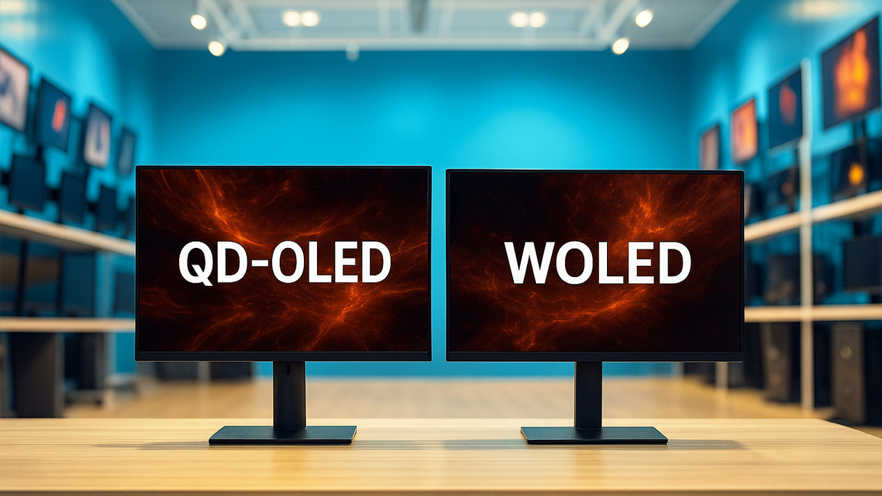 Два игровых монитора QD-OLED и WOLED на столе в магазине hitech.shop