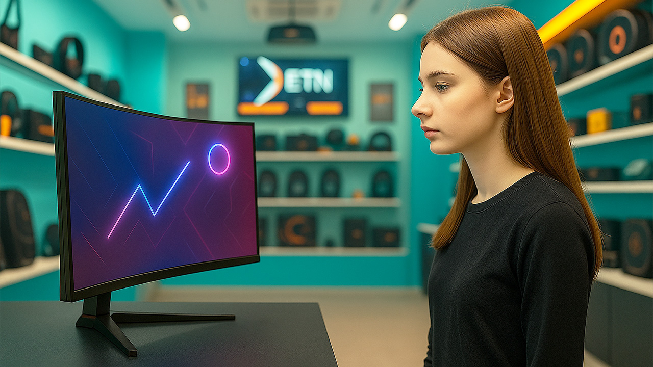 Девушка смотрит на игровой OLED монитор в магазине: Hitech,shop
