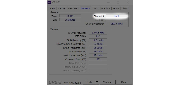 CPU-Z демонстрация отображения работы режима dual для ОЗУ