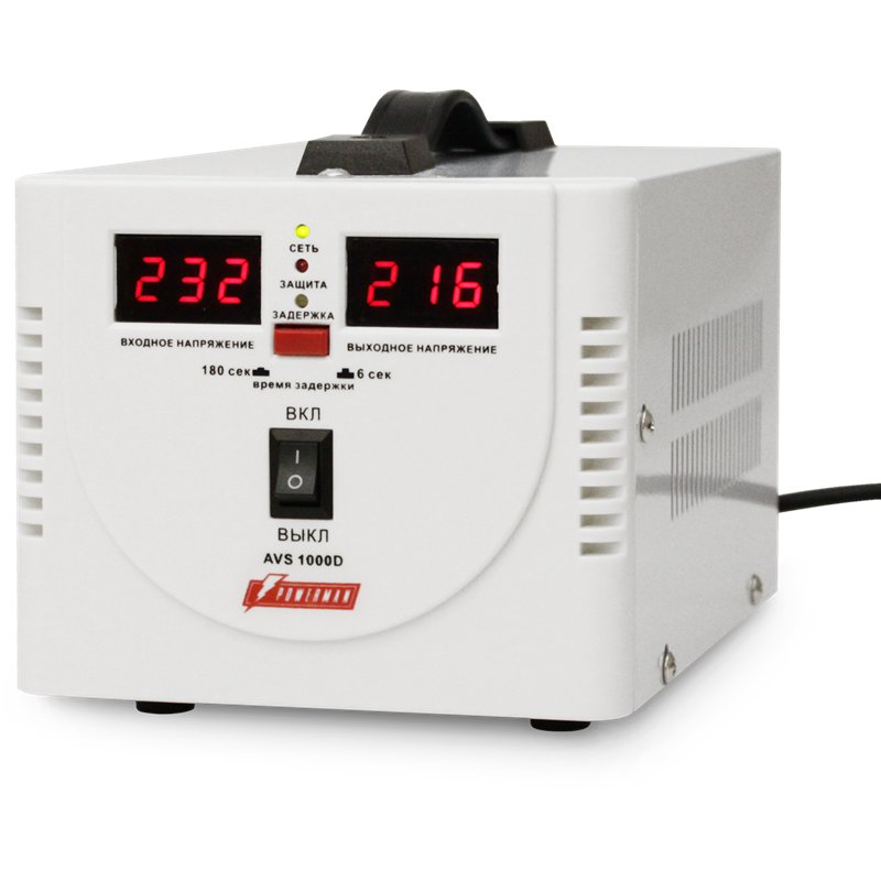 Стабилизатор POWERMAN AVS 1000D, ступенчатый регулятор, цифровые индикаторы уровней напряжения, 1000ВА, 140-260В, максимальный входной ток 7А, 2 еврор