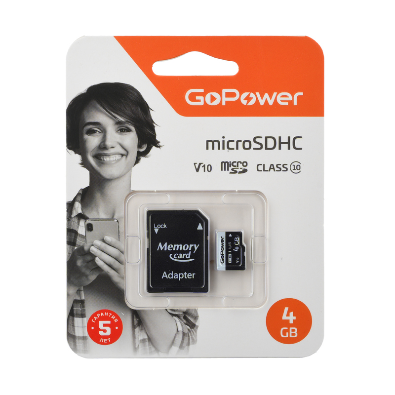 Карта памяти microSD GoPower 4GB Class10 15 МБ/сек V10 с адаптером GoPower 4GB Class10 15 МБ/сек V10 с адаптером - Миниатюра 1