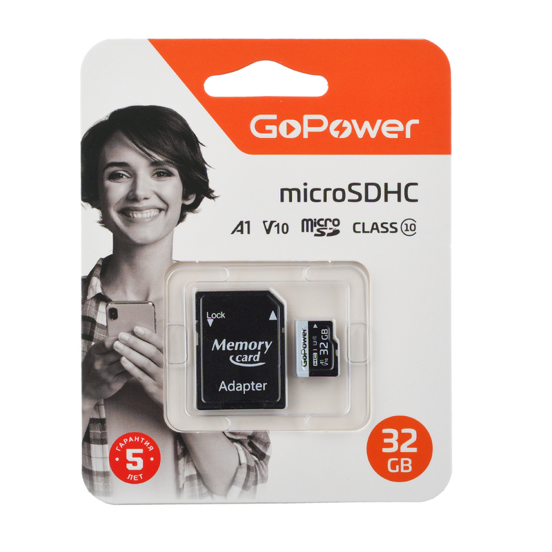 Карта памяти microSD GoPower 32GB Class10 60 МБ/сек V10 с адаптером GoPower 32GB Class10 60 МБ/сек V10 с адаптером