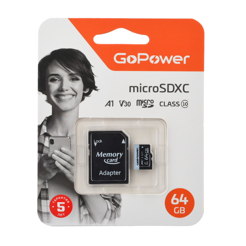 Карта памяти microSD GoPower 64GB Class10 70 МБ/сек V30 с адаптером GoPower 64GB Class10 70 МБ/сек V30 с адаптером - Миниатюра 1